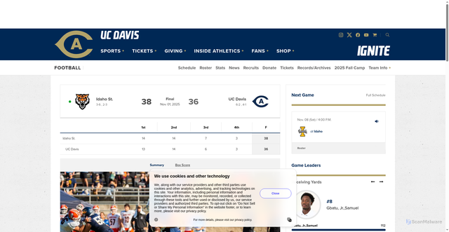 Security scan screenshot of https://ucdavisaggies.com/news/2025/11/2/no-6-uc-davis-football-drops-close-game-to-idaho-state.aspx