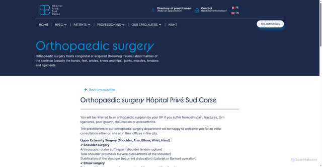 Security scan screenshot of https://hpsc.corsica/en/orthopaedic-surgery/