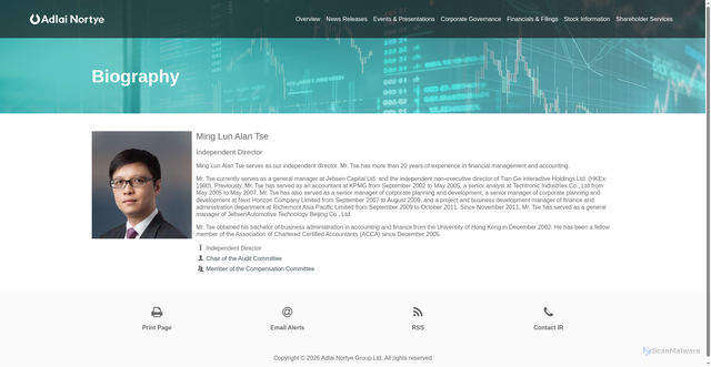 Security scan screenshot of https://ir.adlainortye.com/board-member/ming-lun-alan-tse/