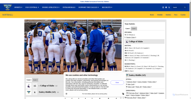 Security scan screenshot of https://eraueagles.com/news/2026/2/17/softball-erau-drops-two-to-coi.aspx