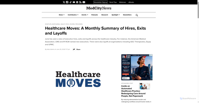 Security scan screenshot of https://medcitynews.com/2026/06/healthcare-moves-layoffs-retirement/
