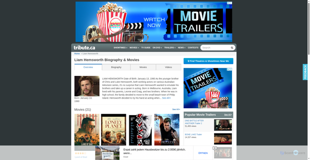 Security scan screenshot of https://www.tribute.ca/people/liam-hemsworth/33379/