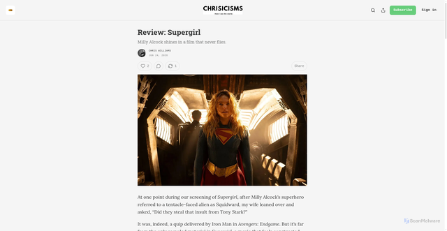 Security scan screenshot of https://chrisicisms.substack.com/p/review-supergirl-2026