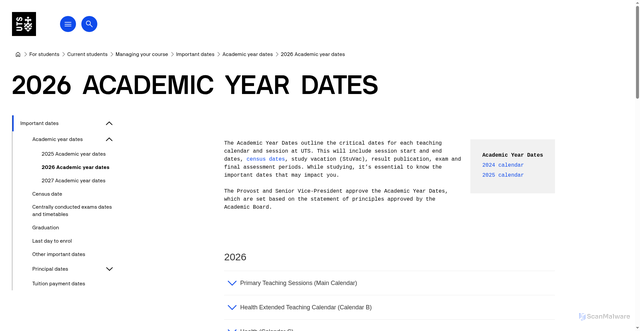Security scan screenshot of https://www.uts.edu.au/for-students/current-students/managing-your-course/important-dates/academic-year-dates/2026-academic-year-dates