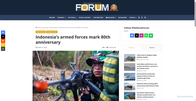 Security scan screenshot of https://ipdefenseforum.com/2025/10/indonesias-armed-forces-mark-80th-anniversary/