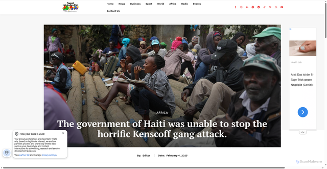 Security scan screenshot of https://www.sweetmelodiesfm.com/the-government-of-haiti-was-unable-to-stop-the-horrific-kenscoff-gang-attack/