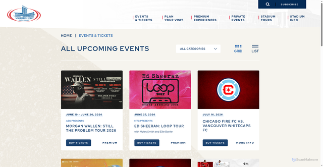 Security scan screenshot of https://www.soldierfield.com/events