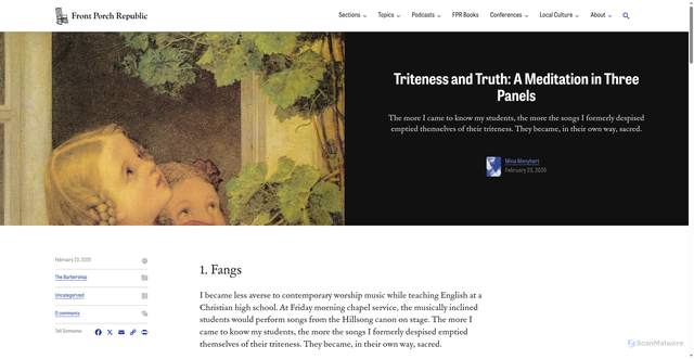 Security scan screenshot of https://www.frontporchrepublic.com/2026/02/triteness-and-truth-a-meditation-in-three-panels/