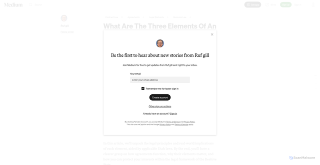 Security scan screenshot of https://rufgill.medium.com/what-are-the-three-elements-of-an-agreement-c66b7e341242