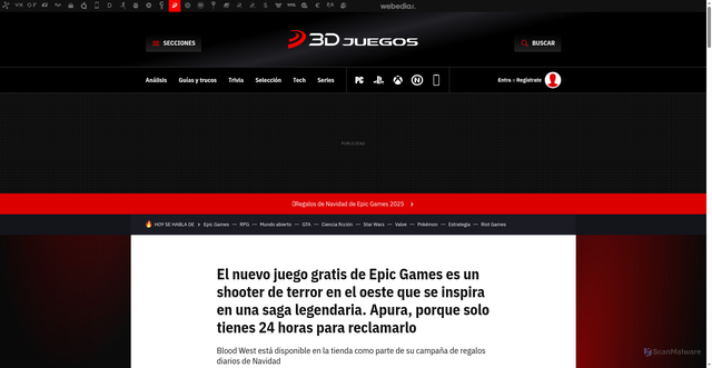 Security scan screenshot of https://www.3djuegos.com/juegos/blood-west/noticias/nuevo-juego-gratis-epic-games-shooter-terror-oeste-que-se-inspira-saga-legendaria-apura-porque-solo-tienes-24-horas-para-reclamarlo