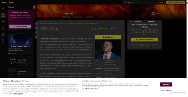 Security scan screenshot of https://dame.fandom.com/wiki/John_Cena