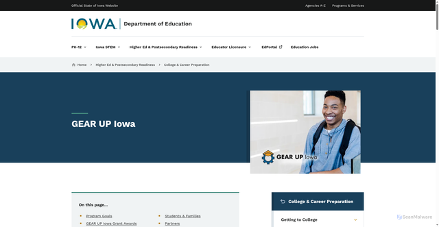 Security scan screenshot of https://educate.iowa.gov/higher-ed/college-career-prep/gear-iowa