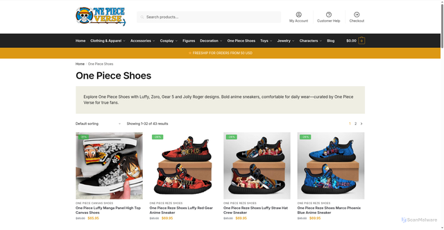 Security scan screenshot of https://onepieceverse.com/collections/one-piece-shoes/