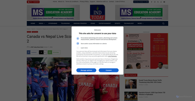 Security scan screenshot of https://indtoday.com/canada-vs-nepal-live-score-nepal-25-2-cwc-league-2/