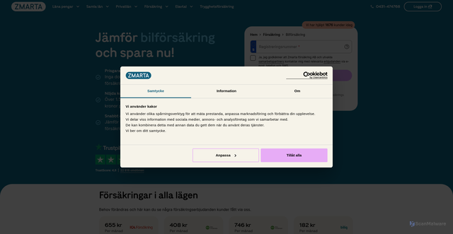 Security scan screenshot of https://www.zmarta.se/forsakring/bilforsakring?apcid=0069d221b04d3c860e36860a&utm_campaign=EarlyWeek_Zmarta_Insurance&utm_content=cta_top&utm_medium=email&utm_source=ortto&utm_term=cal-n9-c2