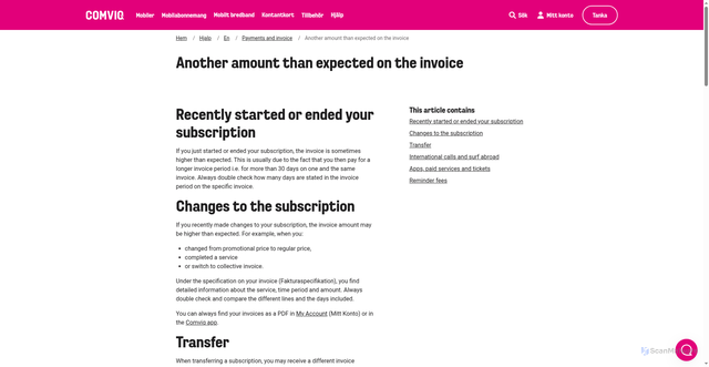 Security scan screenshot of https://www.comviq.se/hjalp/en/payments-and-invoice/another-amount-than-expected-on-the-invoice?utm_source=spready
