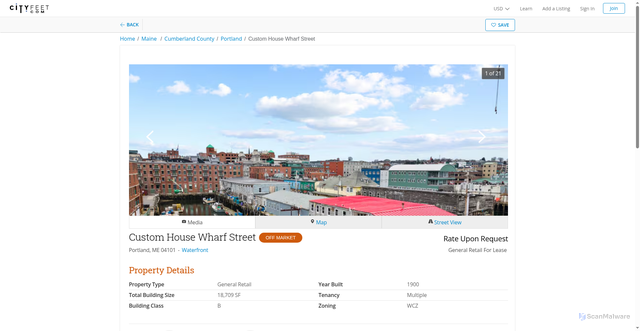 Security scan screenshot of https://www.cityfeet.com/cont/listing/custom-house-wharf-street-portland-me-04101/cs30754784