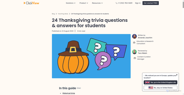 Security scan screenshot of https://www.clickvieweducation.com/blog/teaching-ideas/thanksgiving-trivia