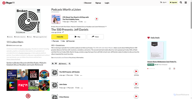 Security scan screenshot of https://player.fm/series/broken-record-with-rick-rubin-malcolm-gladwell-bruce-headlam-and-justin-richmond-2459517/the-500-presents-jeff-daniels