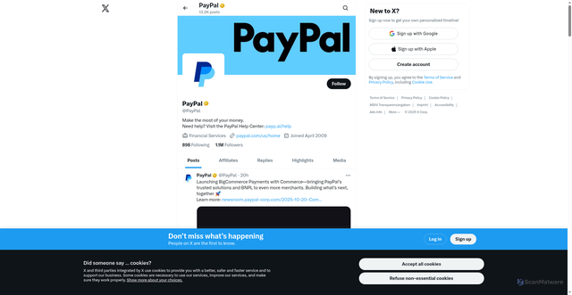 Security scan screenshot of https://x.com/PayPal?v=1%2C0.1&utm_source=unp&utm_medium=email&utm_campaign=RT002668&utm_unptid=0c9916ec-ae63-11f0-9dab-3d3111a8f5d1&ppid=RT002668&cnac=NO&rsta=no_NO%28nb-NO%29&unptid=0c9916ec-ae63-11f0-9dab-3d3111a8f5d1&calc#50045efb390&unp_tpcid=legal-tickler-notifications&page=main%3Aemail%3ART002668&pgrp=main%3Aemail&e=cl&mchn=em&s=ci&mail=sys&appVersion=1.364.0&tenant_name=PayPal&xt=145585%2C154413%2C104038&link_ref=twitter.com_paypal