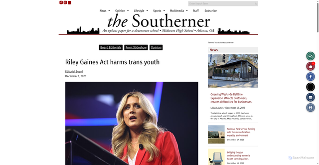Security scan screenshot of https://thesoutherneronline.com/101809/front-slideshow/riley-gaines-act-harms-trans-youth/