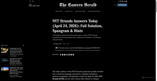 Security scan screenshot of https://easternherald.com/2026/04/24/nyt-strands-answers-april-24-2026/