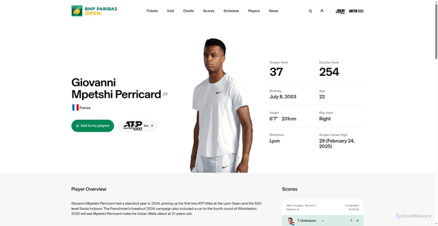 Security scan screenshot of https://bnpparibasopen.com/players/detail/giovanni-mpetshi-perricard