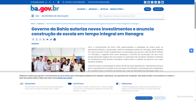 Security scan screenshot of http://www.ba.gov.br/educacao/noticias/2025-11/2673/governo-da-bahia-autoriza-novos-investimentos-e-anuncia-construcao-de-escola