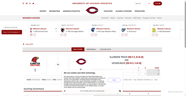 Security scan screenshot of https://athletics.uchicago.edu/sports/womens-soccer/stats/2025/illinois-tech/boxscore/8262