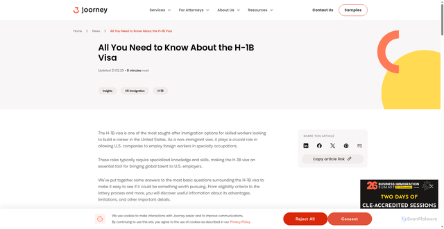 Security scan screenshot of https://www.joorney.com/news/all-you-need-to-know-about-the-h1b-visa/