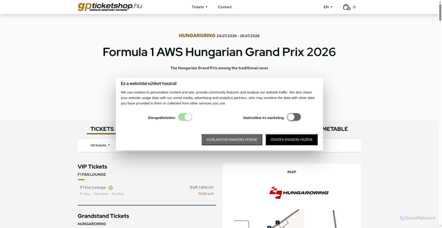 Security scan screenshot of https://www.gpticketshop.hu/Formula_1_HungarianGP/Formula_1.html
