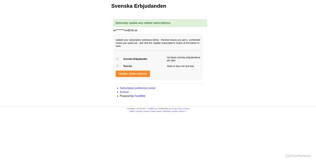 Security scan screenshot of https://app.feedblitz.com/f/f.fbz?SubPortal&portal=1110202&subscriberid=345221194&validate=72f312b46ee652b6e177b1a8f1d33458&portal=1110202