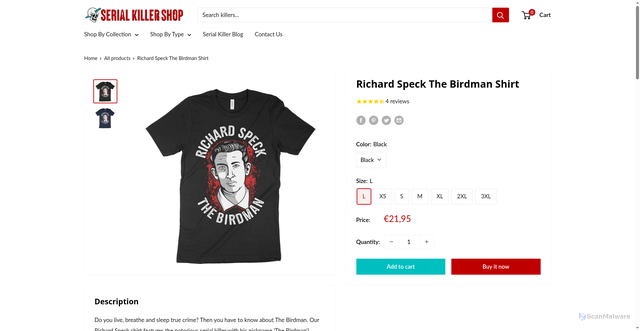 Security scan screenshot of https://serialkillershop.com/products/richard-speck-shirt