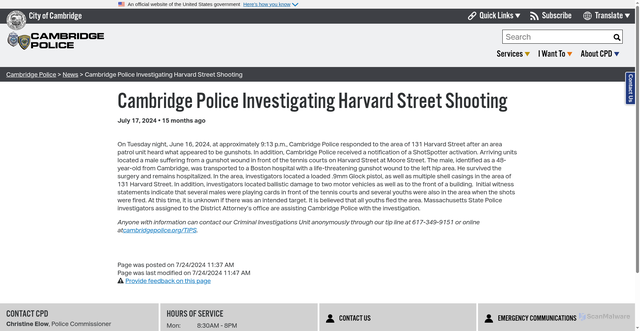 Security scan screenshot of https://www.cambridgema.gov/Departments/cambridgepolice/News/2024/07/cambridgepoliceinvestigatingharvardstreetshooting