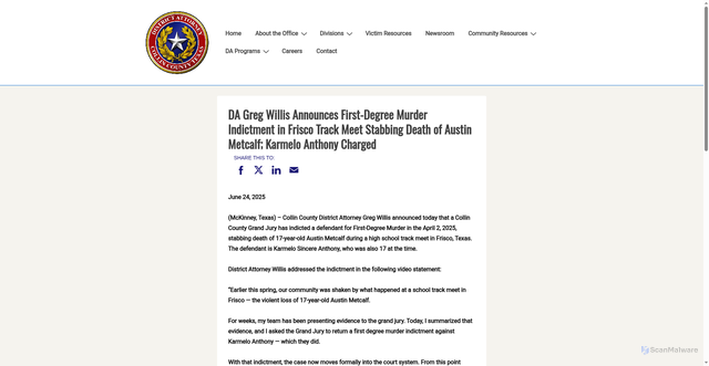Security scan screenshot of https://collincountyda.com/da-greg-willis-announces-first-degree-murder-indictment-in-frisco-track-meet-stabbing-death-of-austin-metcalf-karmelo-anthony-charged/