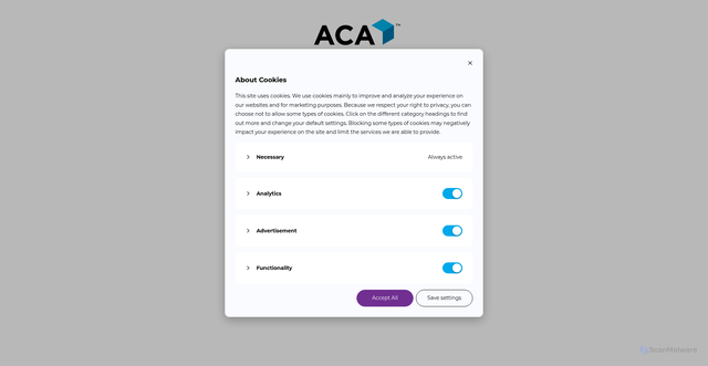 Security scan screenshot of https://web.acaglobal.com