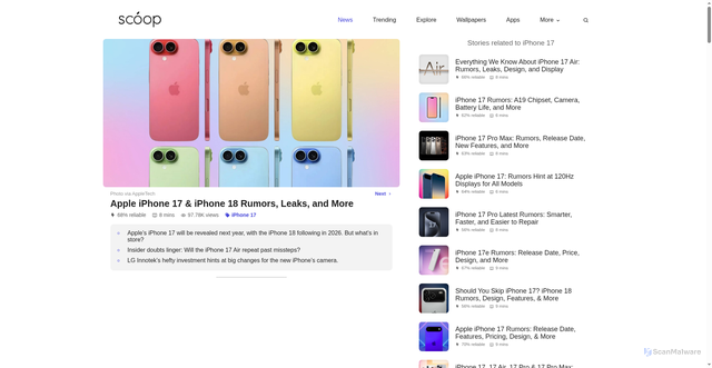 Security scan screenshot of https://applescoop.org/story/apple-iphone-17-and-iphone-18-and-foldable-iphone-rumors-leaks-features-design-and-more