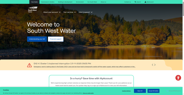 Security scan screenshot of https://www.southwestwater.co.uk/