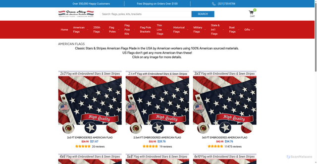 Security scan screenshot of https://gracealley.com/collections/american-flags?srsltid=AfmBOorLuZuWTORkZO8GRWNlwF3fBpHb9bsyTt5wHnfG7uiJW1vwLW0R