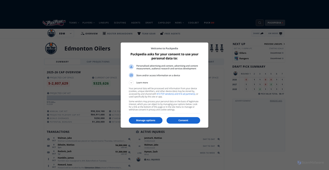 Security scan screenshot of https://puckpedia.com/team/edmonton-oilers