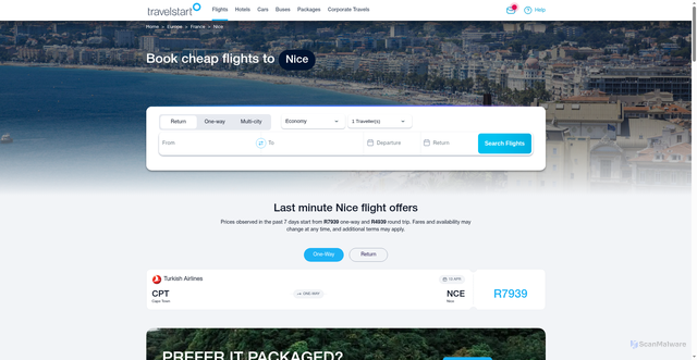 Security scan screenshot of https://www.travelstart.co.za/lp/destinations/nice-flights