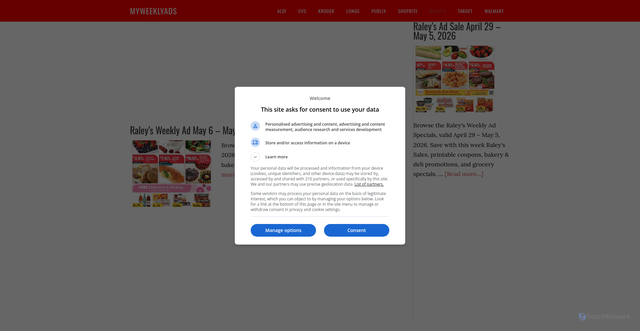 Security scan screenshot of https://www.myweeklyads.net/ralyes-ad/?msclkid=419f4e49439a107cf42b244a16e42dba&utm_source=bing&utm_medium=cpc&utm_campaign=MyWe&utm_term=Raley%27s%20weekly%20ad&utm_content=MW%20Raleys#google_vignette