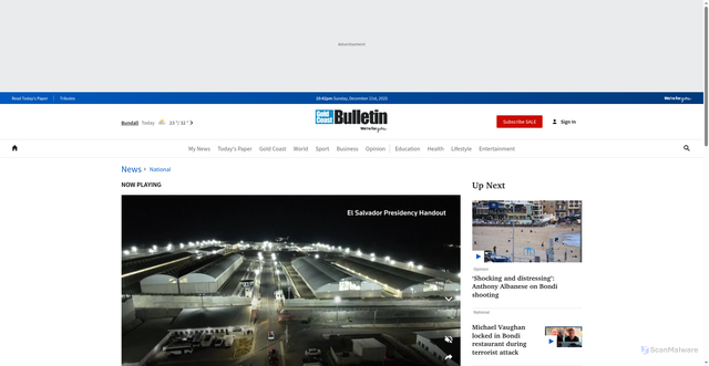 Security scan screenshot of https://www.goldcoastbulletin.com.au/news/national/what-is-cecot-inside-the-el-salvador-megaprisonholding-us-deportees/video/44f2125d06c03ce07a8ecc763d204112