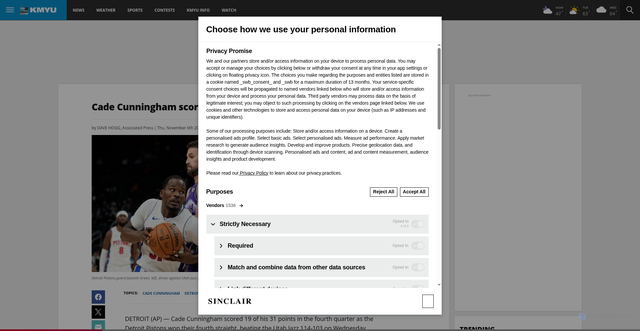 Security scan screenshot of https://kmyu.tv/sports/cade-cunningham-scores-31-points-leads-pistons-past-utah-jazz