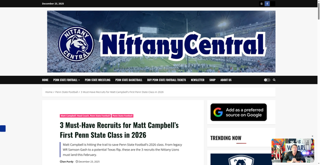 Security scan screenshot of https://nittanycentral.com/penn-state-recruiting-2026-matt-campbell-samson-gash-jordan-deck/