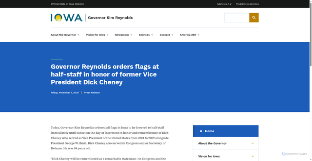 Security scan screenshot of https://governor.iowa.gov/press-release/2025-11-07/governor-reynolds-orders-flags-half-staff-honor-former-vice-president-dick-cheney