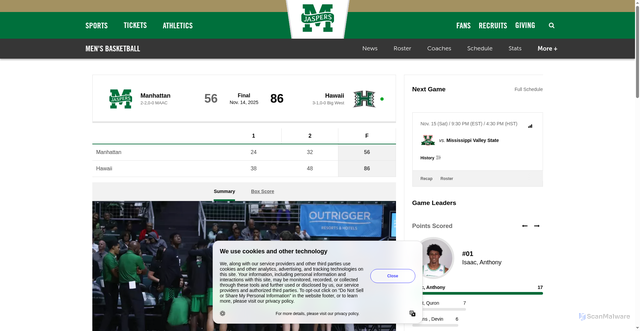 Security scan screenshot of https://gojaspers.com/news/2025/11/15/mens-basketball-isaac-posts-double-digits-mens-basketball-falls-to-hawaii.aspx