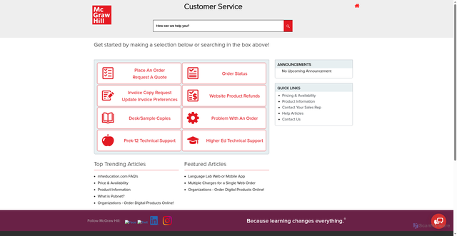 Security scan screenshot of http://www.mheducation.com/customerservice