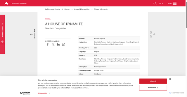 Security scan screenshot of https://www.labiennale.org/en/cinema/2025/venezia-82-competition/house-dynamite