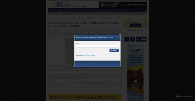 Security scan screenshot of https://www.oled-info.com/samsung-display-showcases-its-latest-oled-displays-ces-2026-launches-4500-nits